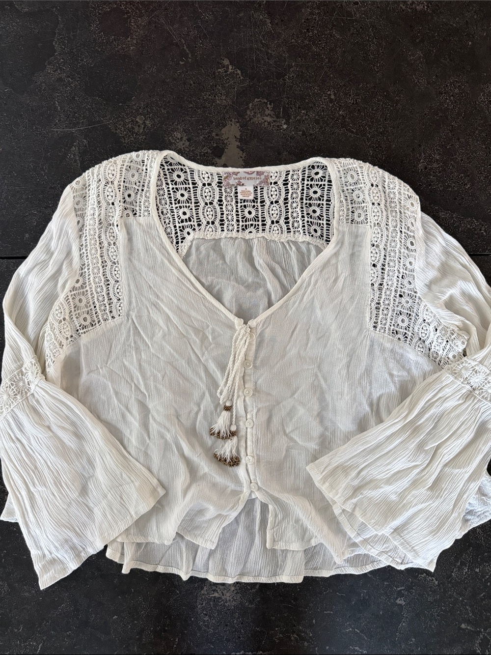 Band of Gypsies Boho Lace-Panel White Peasant Blouse - Picture 1 of 5